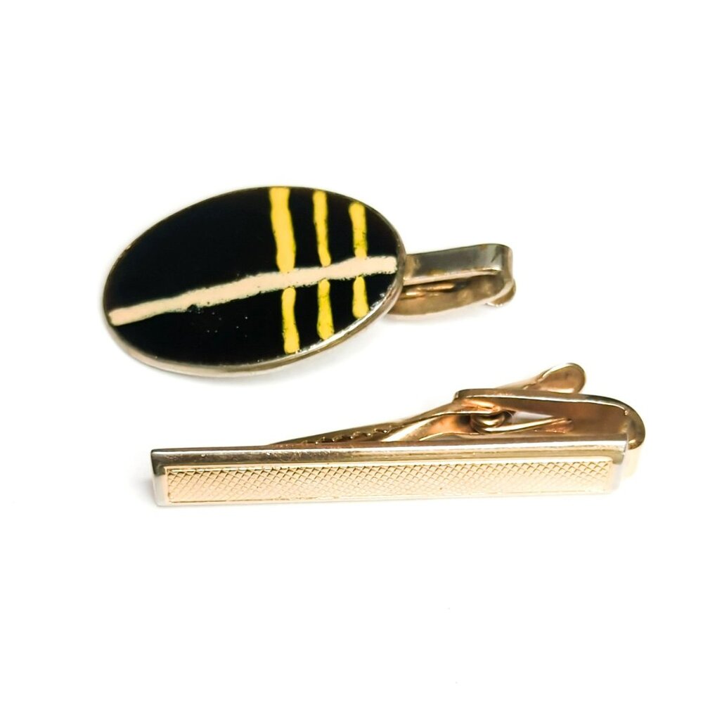 Vintage Pioneer Gold Tone and Black Yellow Tie Bar Clips
